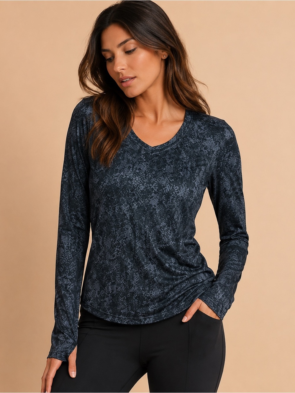 RBX Women's Long-Sleeve V-Neck Top in Charcoal Heather